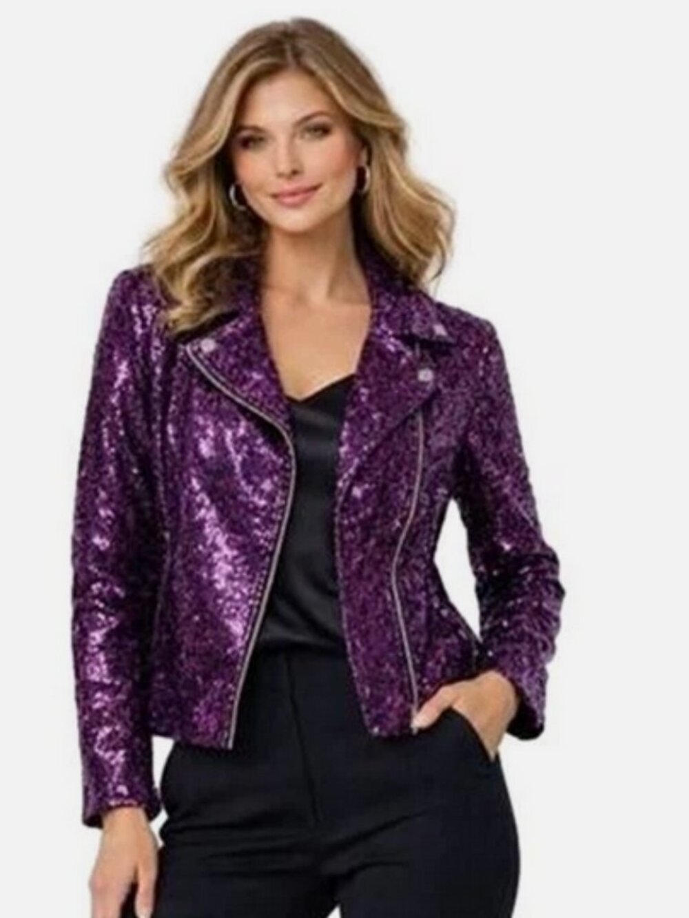 Colleen Lopez Women's Luxe Sequin Moto Jacket Violet Rose Size XL NIB